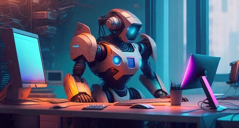 Game developer robot che rappresenta un'Inteliggenza Artificale che lavora al posto dell'essere umano